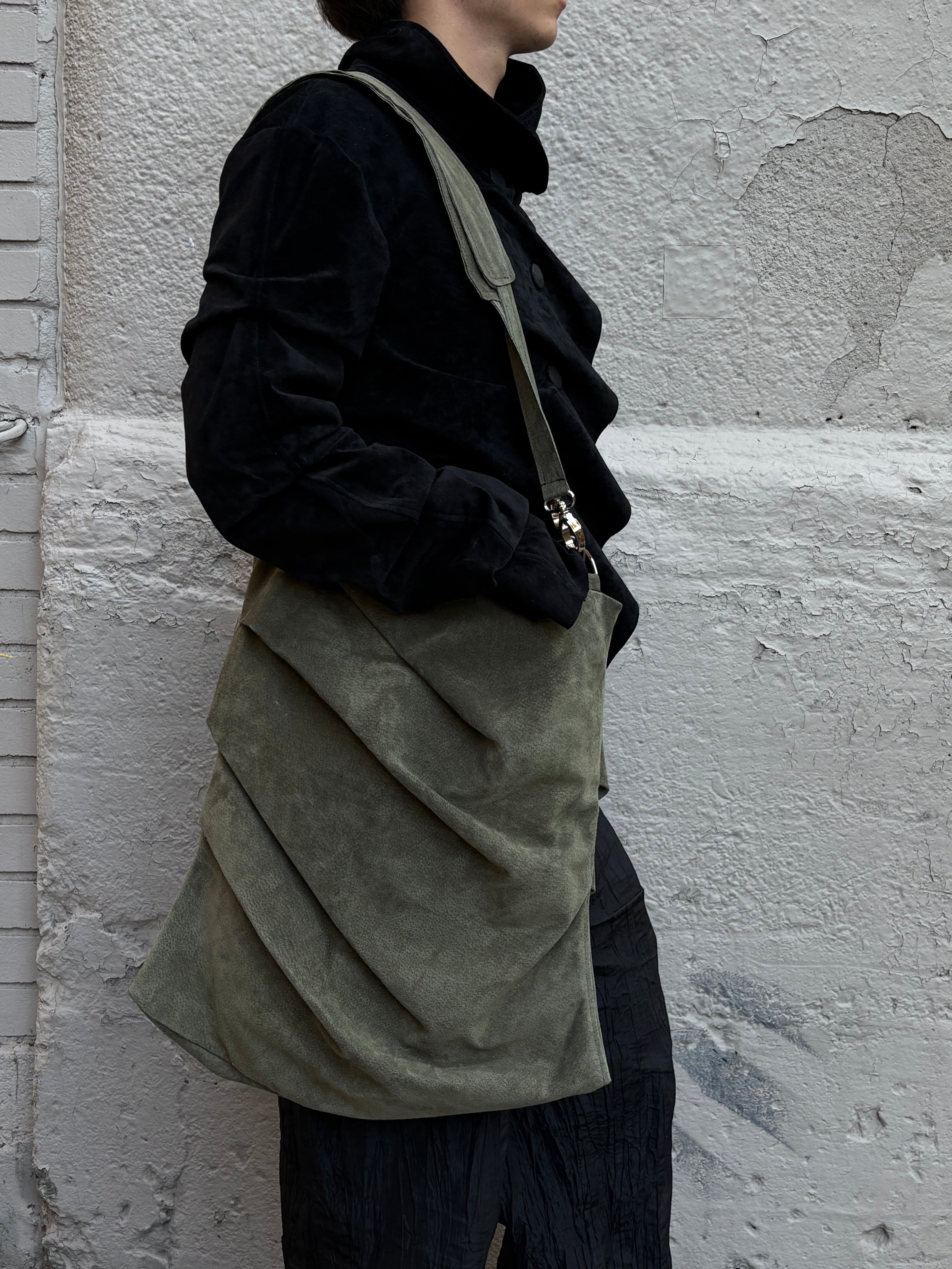 Draped leather bag - verdigris suede